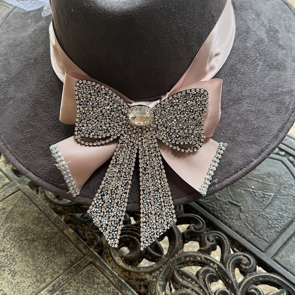 Custom made floral and rhinestone hat. Size medium gray w/ blush ribbon